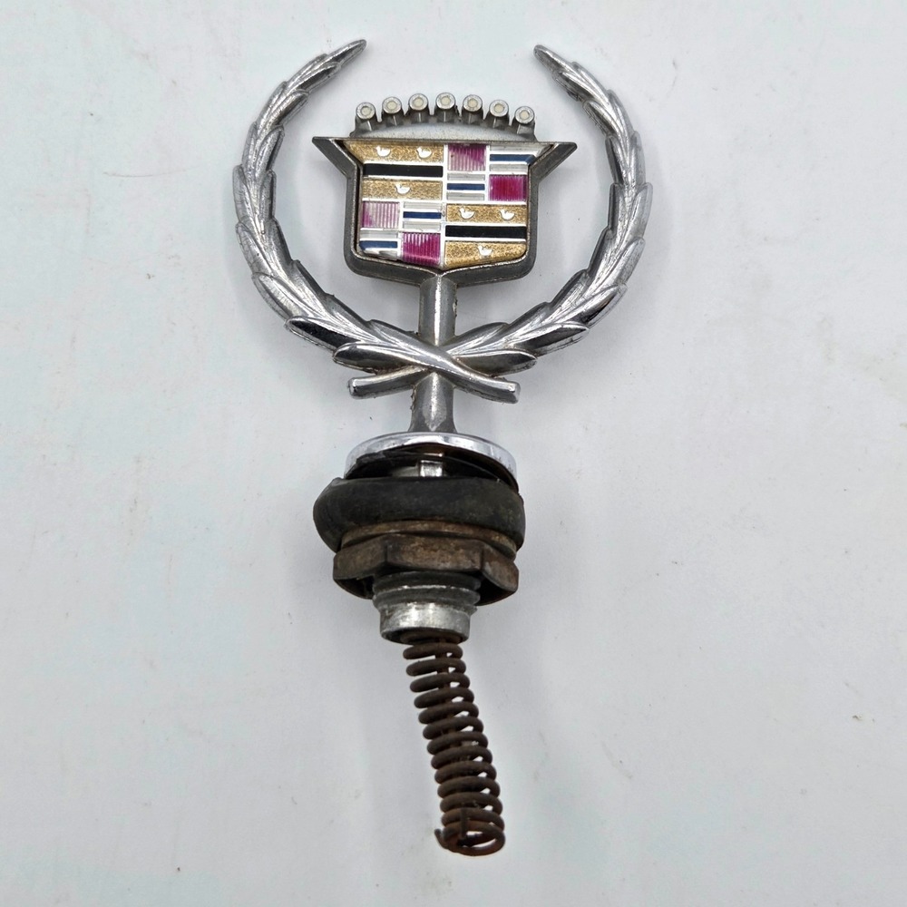 Vintage OEM Cadillac Hood Ornament Wreath Crest Chrome Spring Mount Double Sided